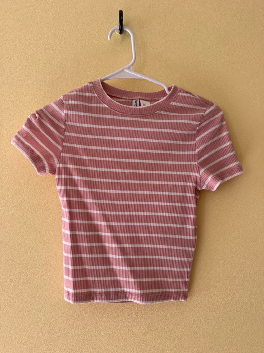 H&M Pink and White Striped Ribbed Short Sleeve Tee